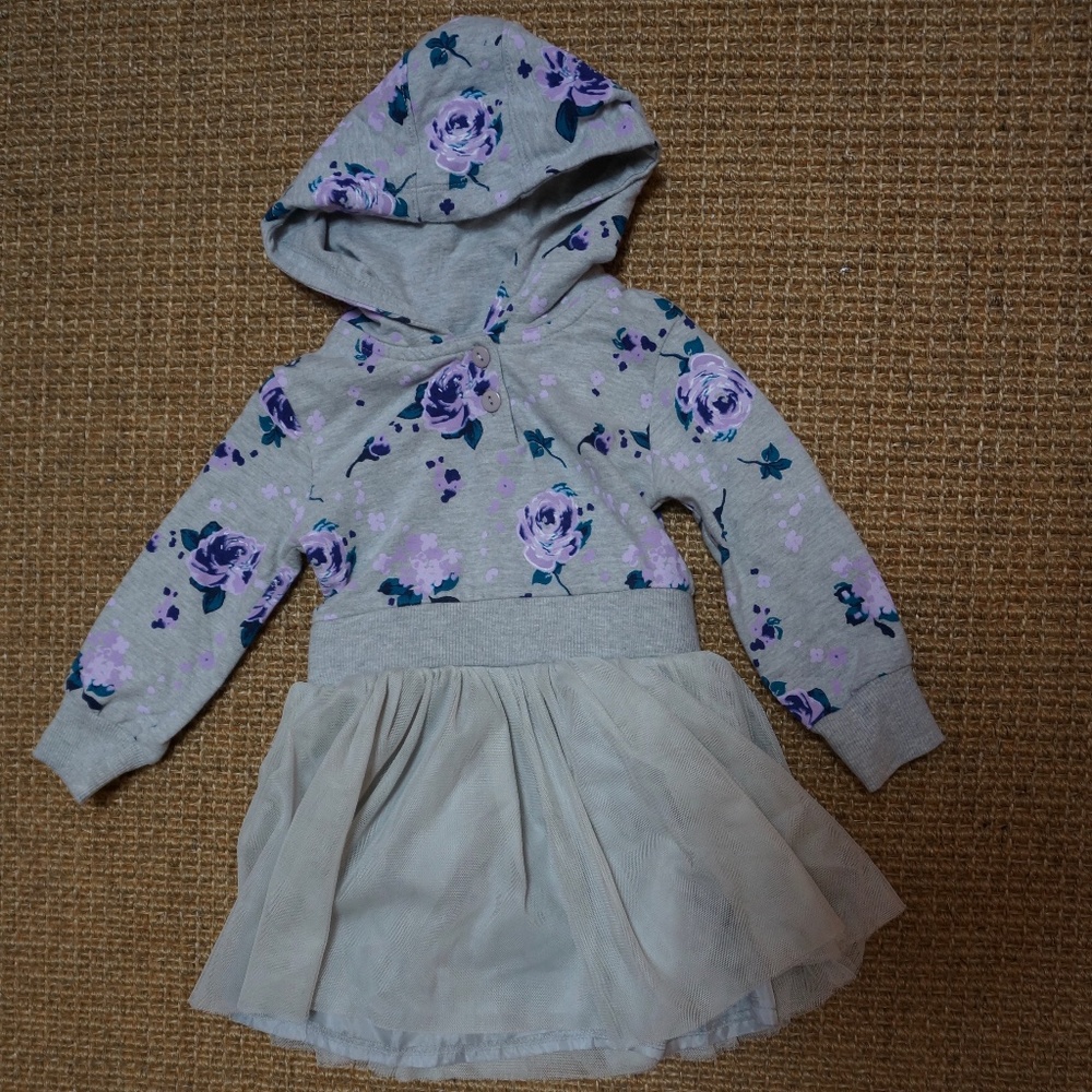 Girls Size 2 Nevada Grey Hooded Dress with Purple Roses